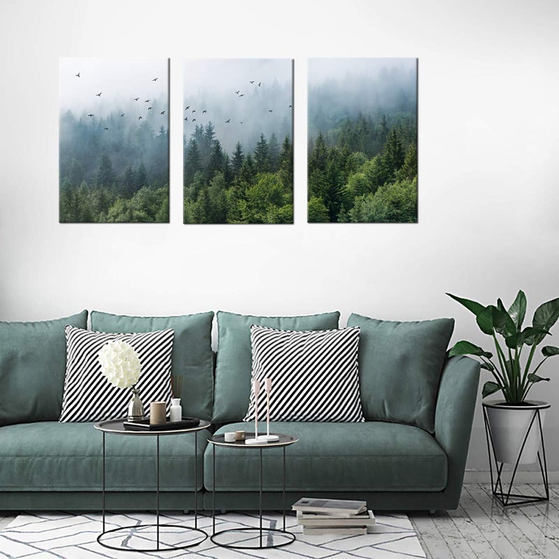 tigeridge Green Forest Wall Art Tropical Forest Mountain Bird Contemporary Canvas Pictures Modern Artwork Framed for Bathroom Bedroom Nursery Living Room Home Office Kitchen Wall Decor 16" x 24" 3 Pieces - Image 2